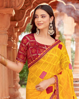 Vishal Prints Orangey Yellow Designer Patterned Chiffon Saree With Diamond Work And Cut Work Border