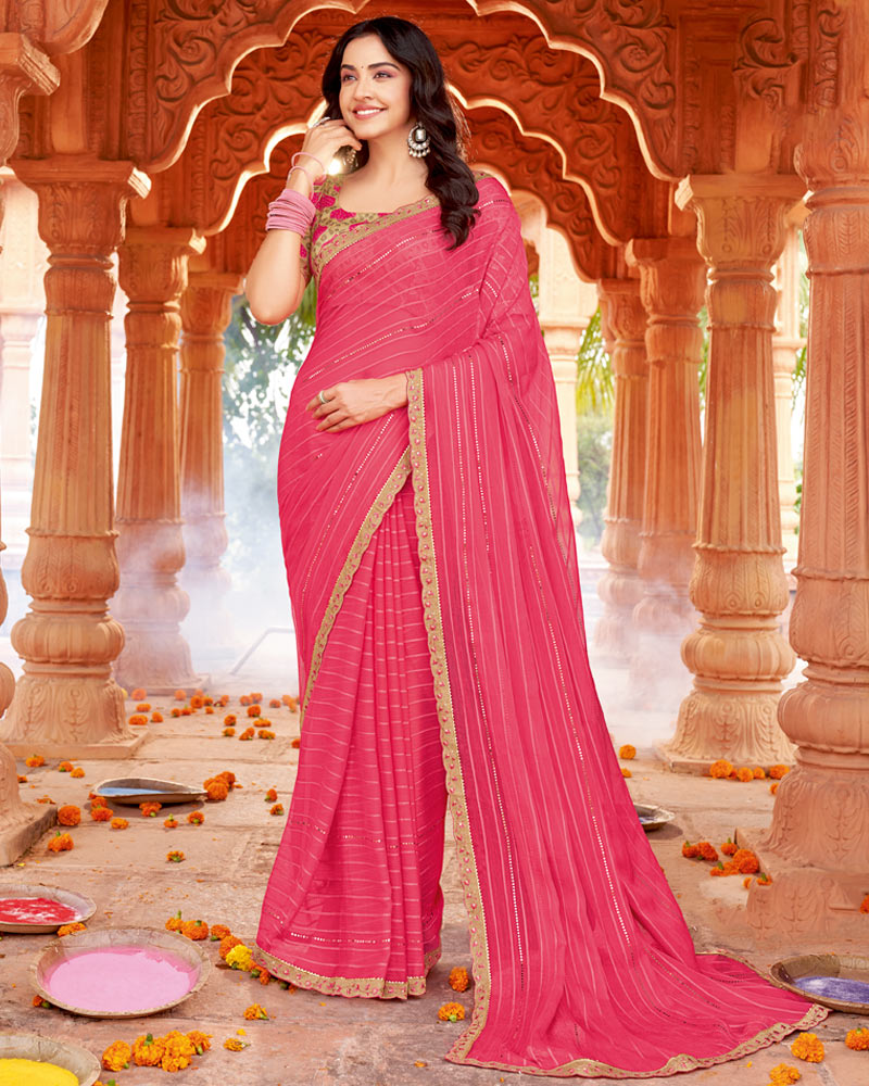Vishal Prints Mandy Pink Designer Patterned Chiffon Saree With Embellishment And Cut Work Embroidery Border
