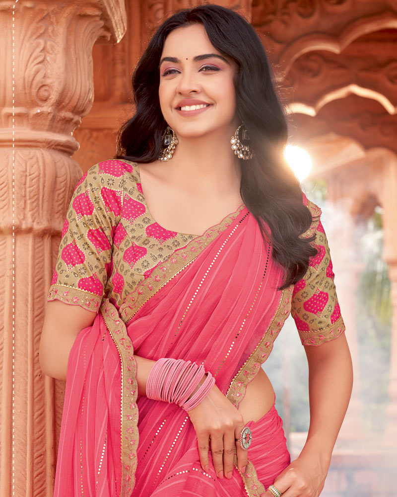 Vishal Prints Mandy Pink Designer Patterned Chiffon Saree With Embellishment And Cut Work Embroidery Border