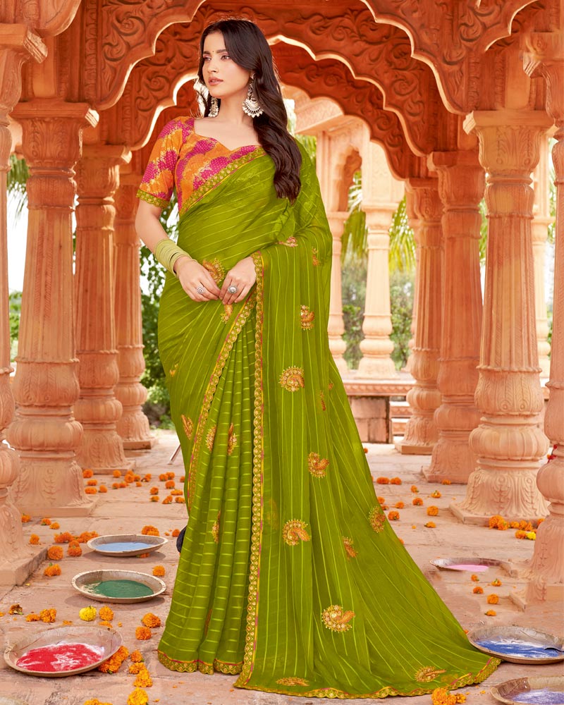 Vishal Prints Mehandi Green Designer Patterned Chiffon Saree With Embroidery-Diamond Work And Cut Border