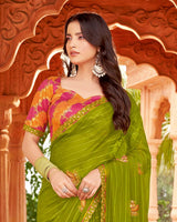Vishal Prints Mehandi Green Designer Patterned Chiffon Saree With Embroidery-Diamond Work And Cut Border