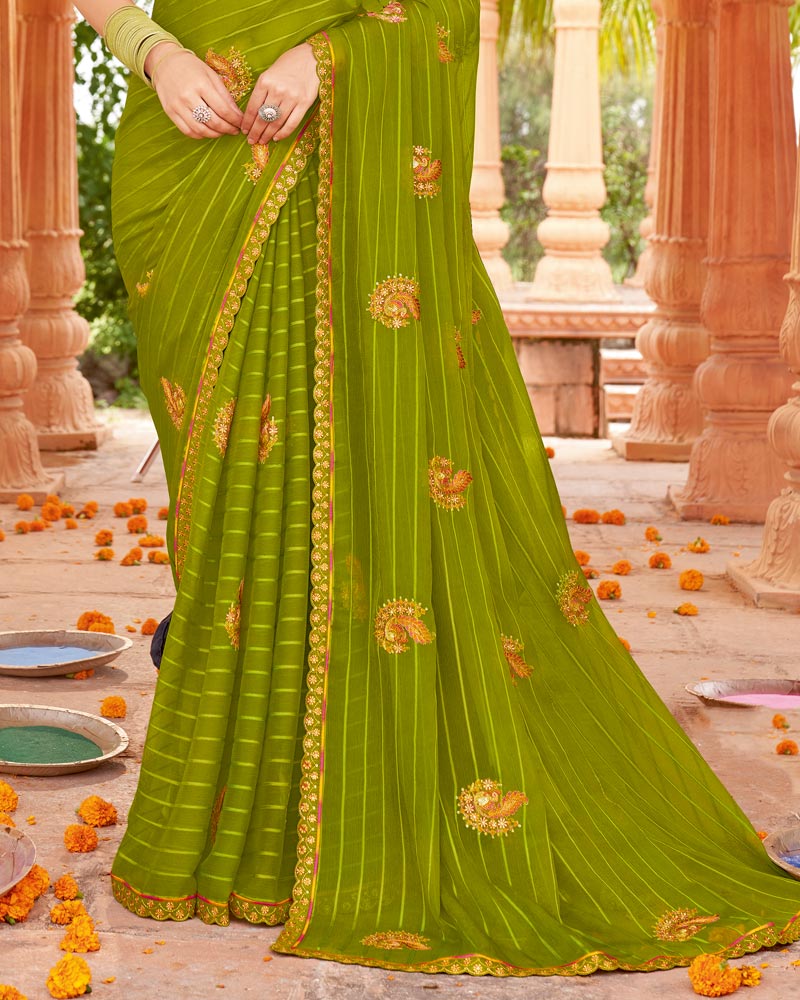 Vishal Prints Mehandi Green Designer Patterned Chiffon Saree With Embroidery-Diamond Work And Cut Border