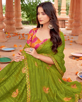 Vishal Prints Mehandi Green Designer Patterned Chiffon Saree With Embroidery-Diamond Work And Cut Border