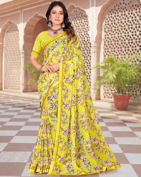 Vishal Prints Lemon Yellow Digital Print Georgette Saree With Fancy Border