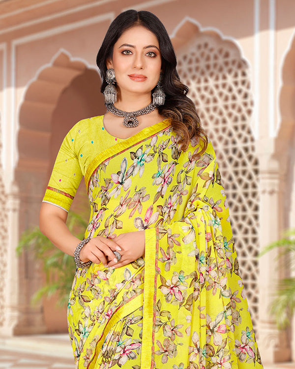 Vishal Prints Lemon Yellow Digital Print Georgette Saree With Fancy Border