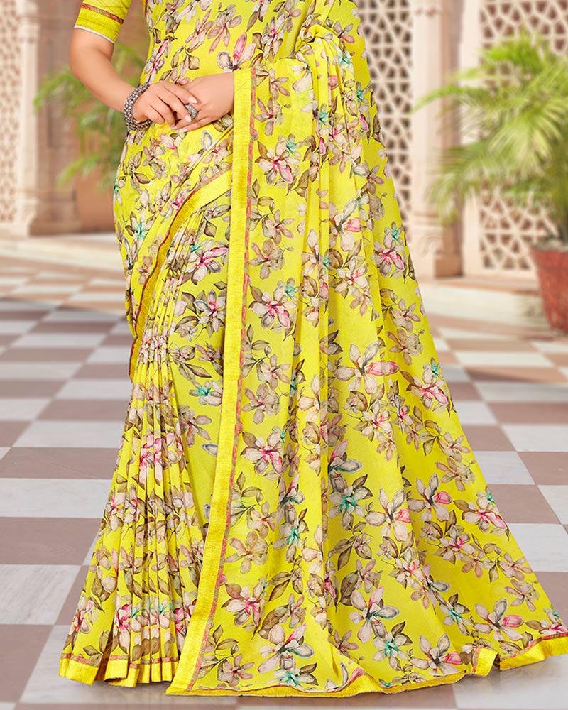 Vishal Prints Lemon Yellow Digital Print Georgette Saree With Fancy Border