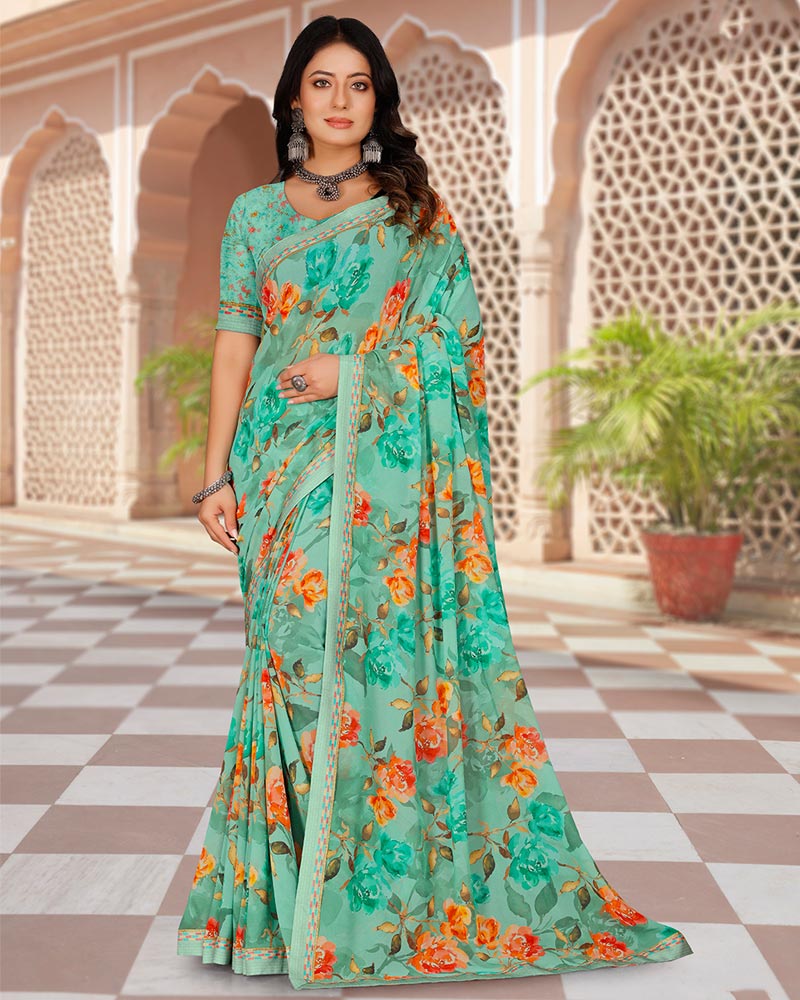 Vishal Prints Pastel Teal Green Digital Print Georgette Saree With Fancy Border