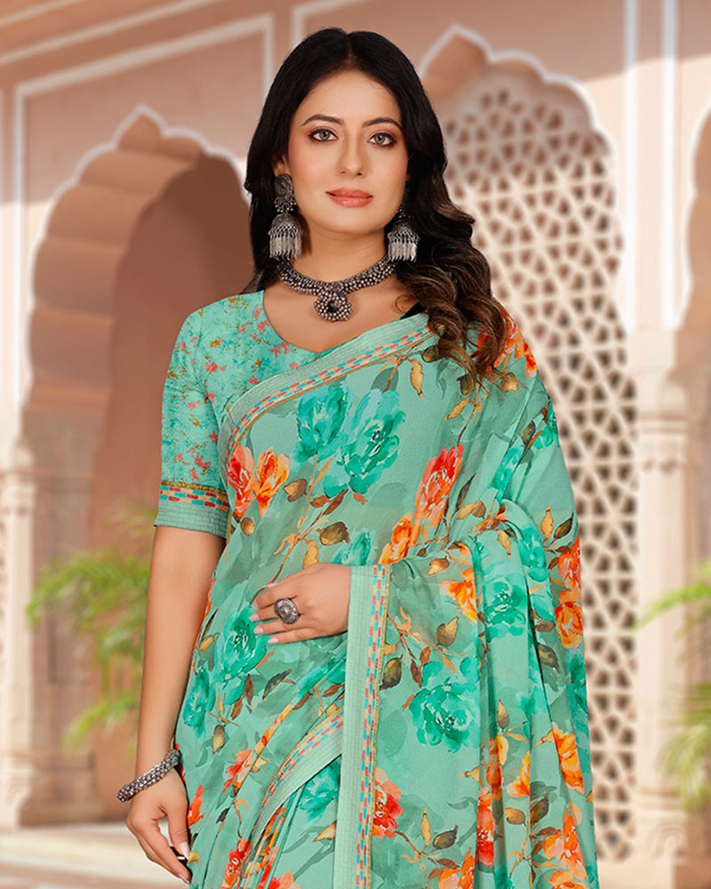 Vishal Prints Pastel Teal Green Digital Print Georgette Saree With Fancy Border