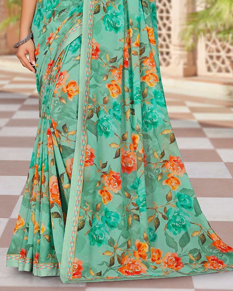 Vishal Prints Pastel Teal Green Digital Print Georgette Saree With Fancy Border