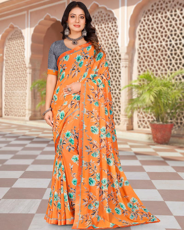 Vishal Prints Pastel Orange Digital Print Georgette Saree With Fancy Border