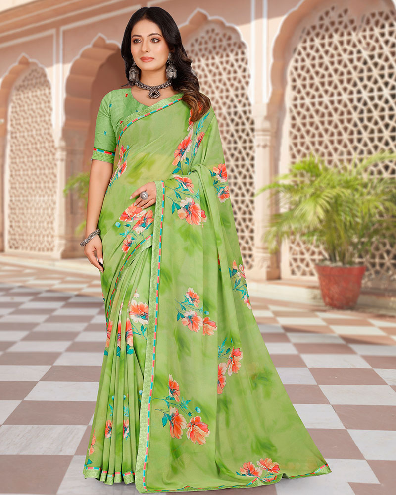 Vishal Prints Avocado Green Digital Print Georgette Saree With Fancy Border