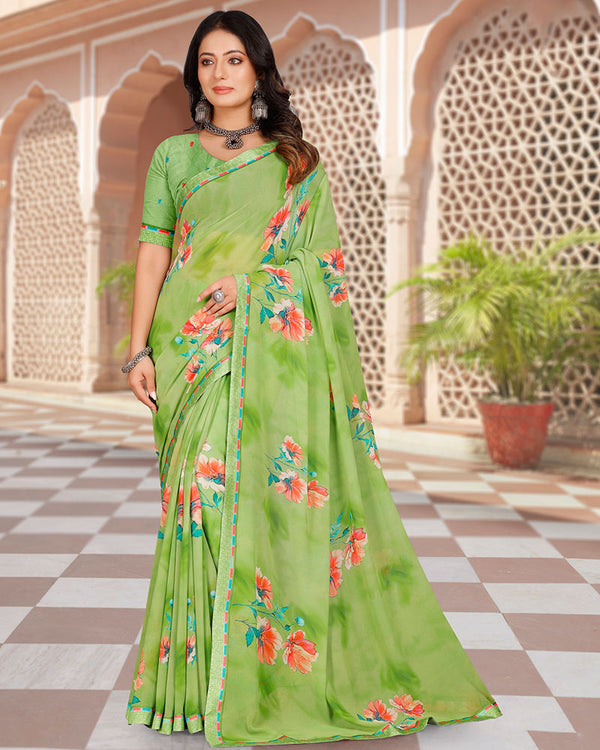 Vishal Prints Avocado Green Digital Print Georgette Saree With Fancy Border