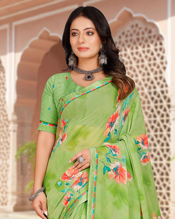 Vishal Prints Avocado Green Digital Print Georgette Saree With Fancy Border