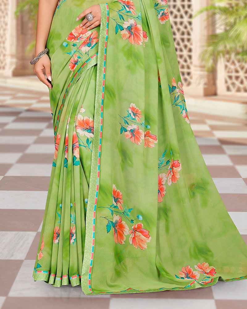 Vishal Prints Avocado Green Digital Print Georgette Saree With Fancy Border