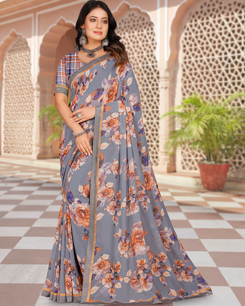 Vishal Prints Greyish Blue Digital Print Georgette Saree With Fancy Border