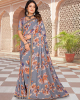 Vishal Prints Greyish Blue Digital Print Georgette Saree With Fancy Border