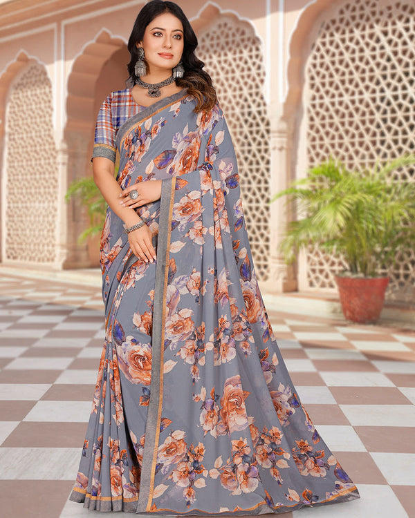 Vishal Prints Greyish Blue Digital Print Georgette Saree With Fancy Border