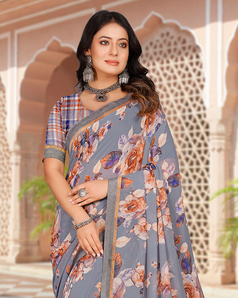 Vishal Prints Greyish Blue Digital Print Georgette Saree With Fancy Border