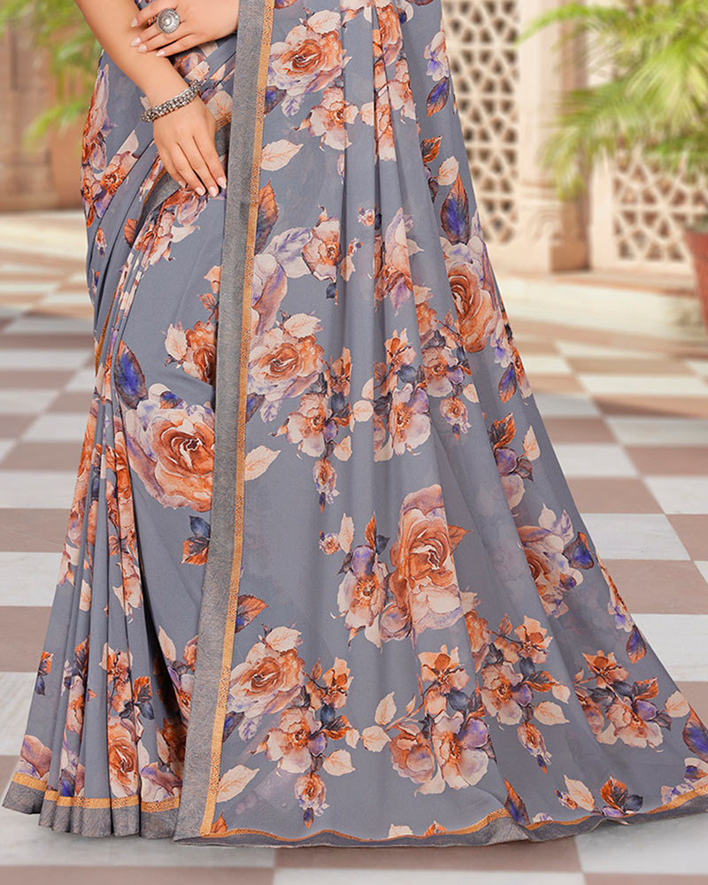 Vishal Prints Greyish Blue Digital Print Georgette Saree With Fancy Border