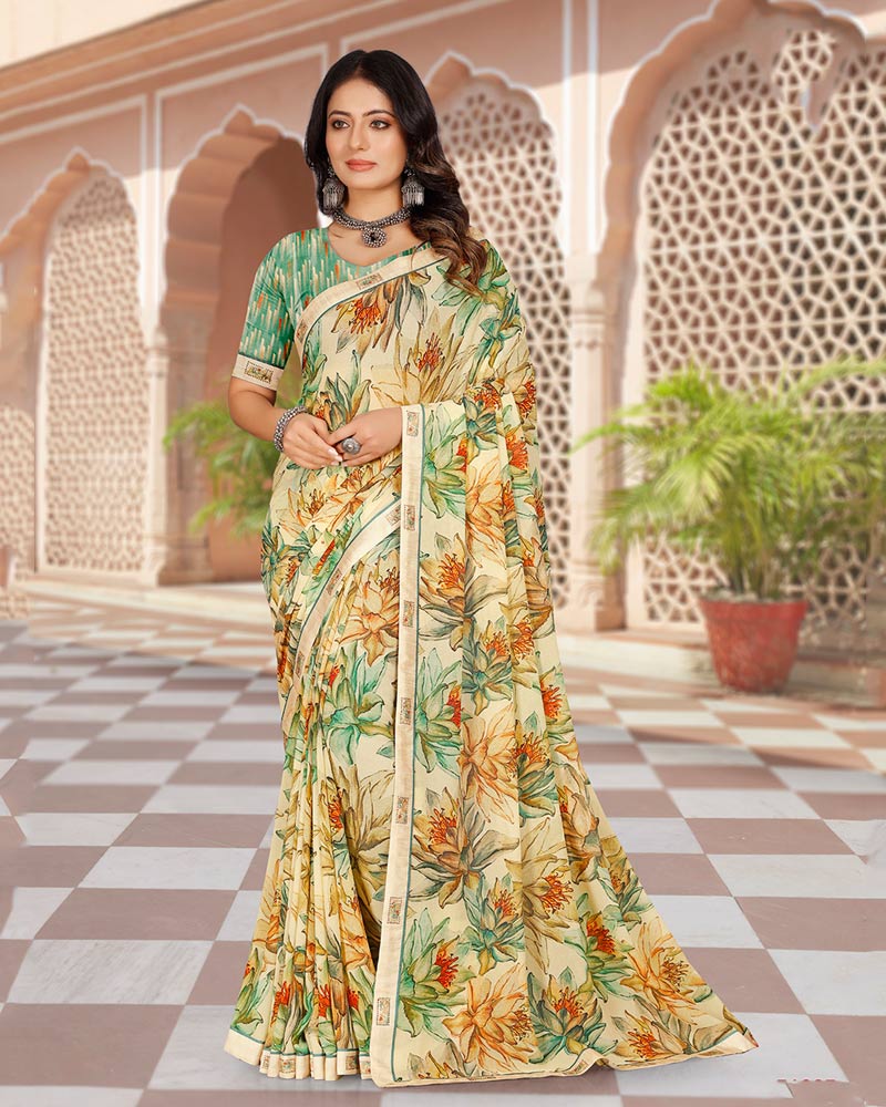 Vishal Prints Pastel Yellow Digital Print Georgette Saree With Fancy Border