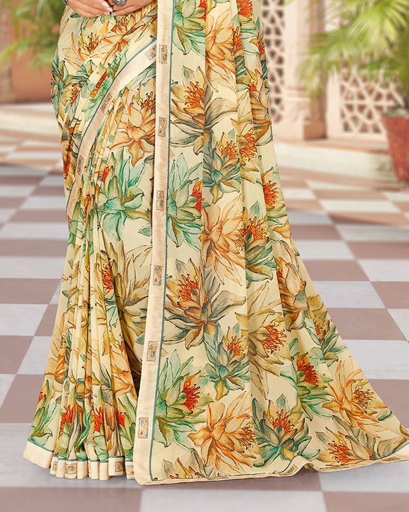 Vishal Prints Pastel Yellow Digital Print Georgette Saree With Fancy Border