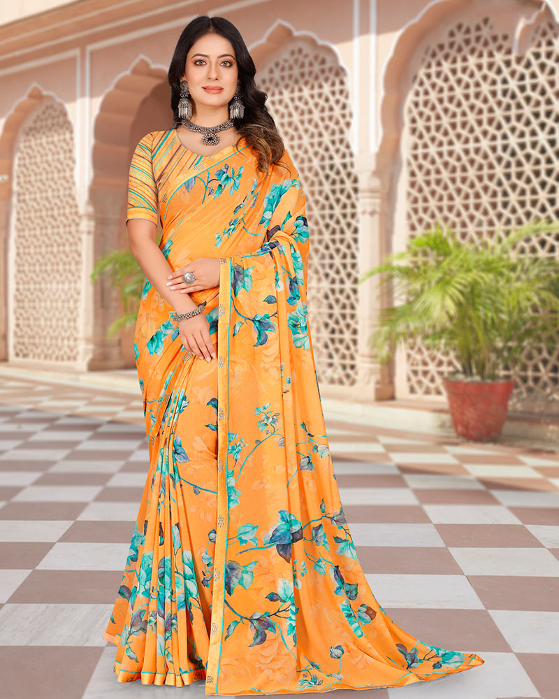 Vishal Prints Pale Orange Digital Print Georgette Saree With Fancy Border