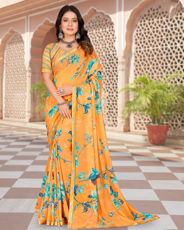 Vishal Prints Pale Orange Digital Print Georgette Saree With Fancy Border