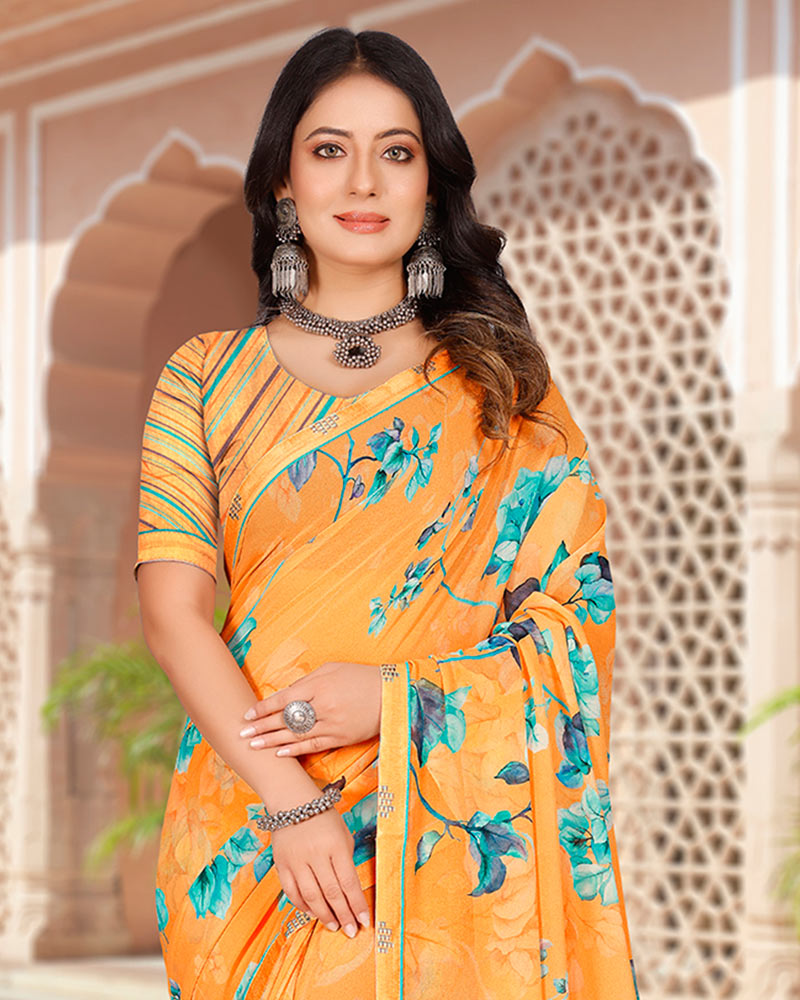 Vishal Prints Pale Orange Digital Print Georgette Saree With Fancy Border