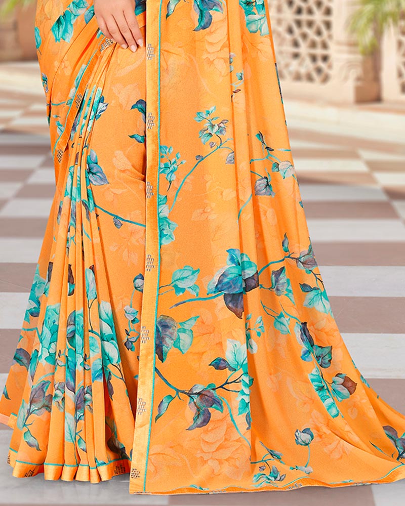 Vishal Prints Pale Orange Digital Print Georgette Saree With Fancy Border