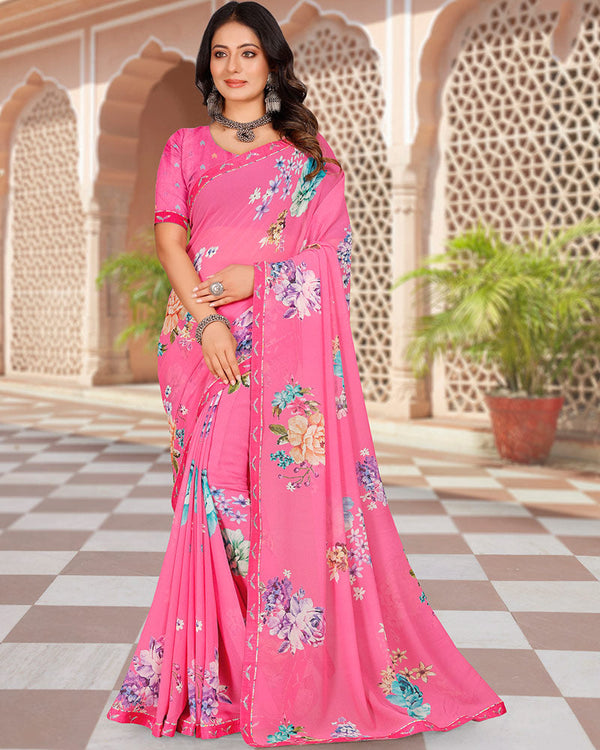 Vishal Prints Deep Blush Pink Digital Print Georgette Saree With Fancy Border