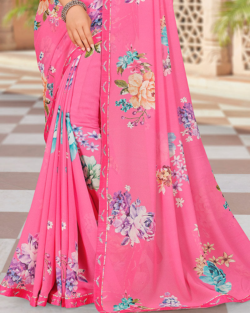 Vishal Prints Deep Blush Pink Digital Print Georgette Saree With Fancy Border