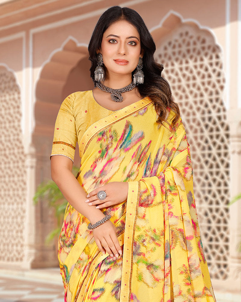 Vishal Prints Dusty Yellow Digital Print Georgette Saree With Fancy Border