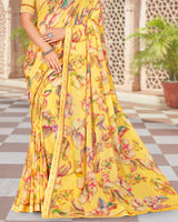 Vishal Prints Dusty Yellow Digital Print Georgette Saree With Fancy Border