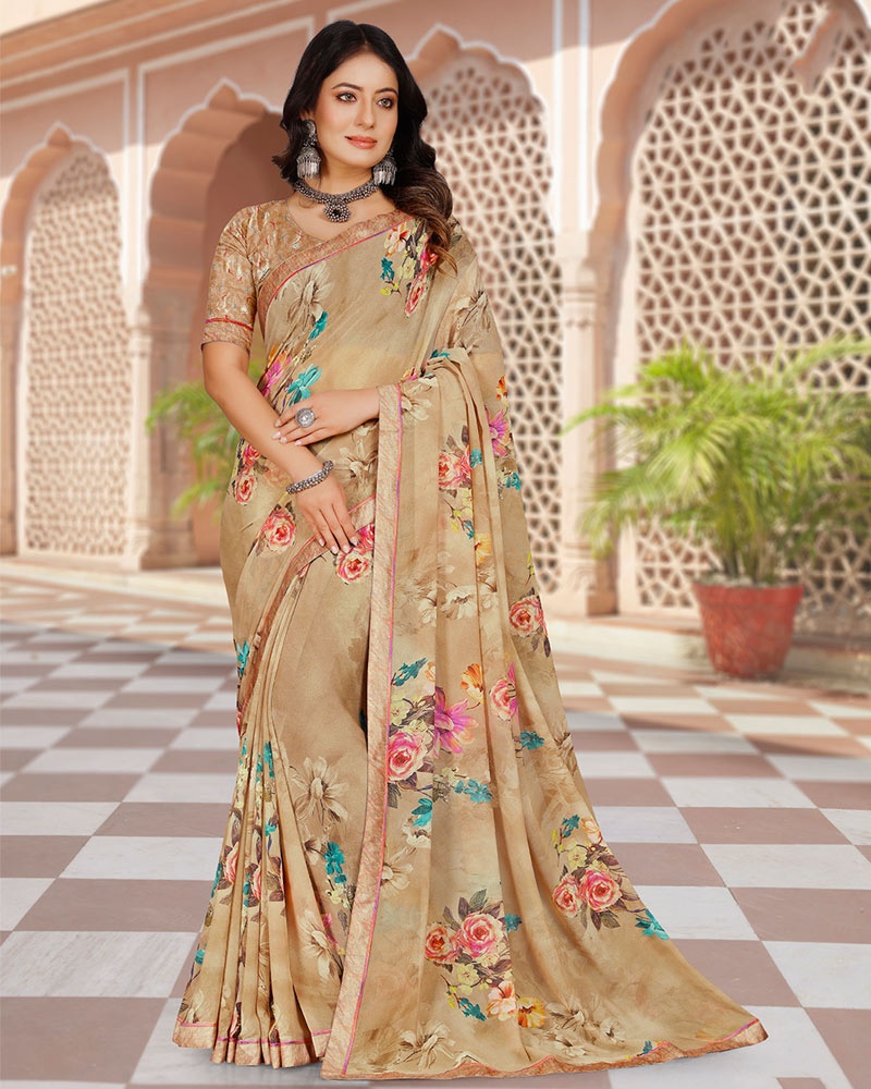 Vishal Prints Sandy Brown Digital Print Georgette Saree With Fancy Border