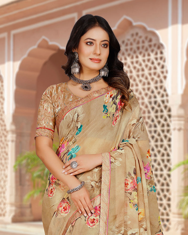Vishal Prints Sandy Brown Digital Print Georgette Saree With Fancy Border