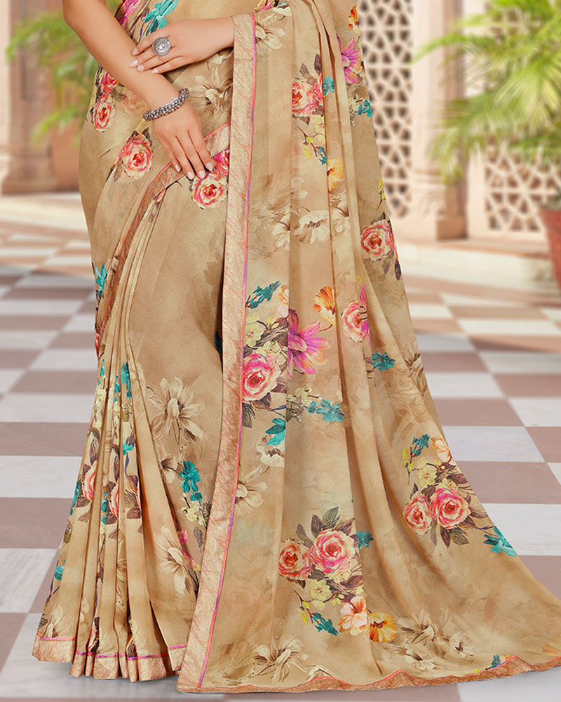 Vishal Prints Sandy Brown Digital Print Georgette Saree With Fancy Border