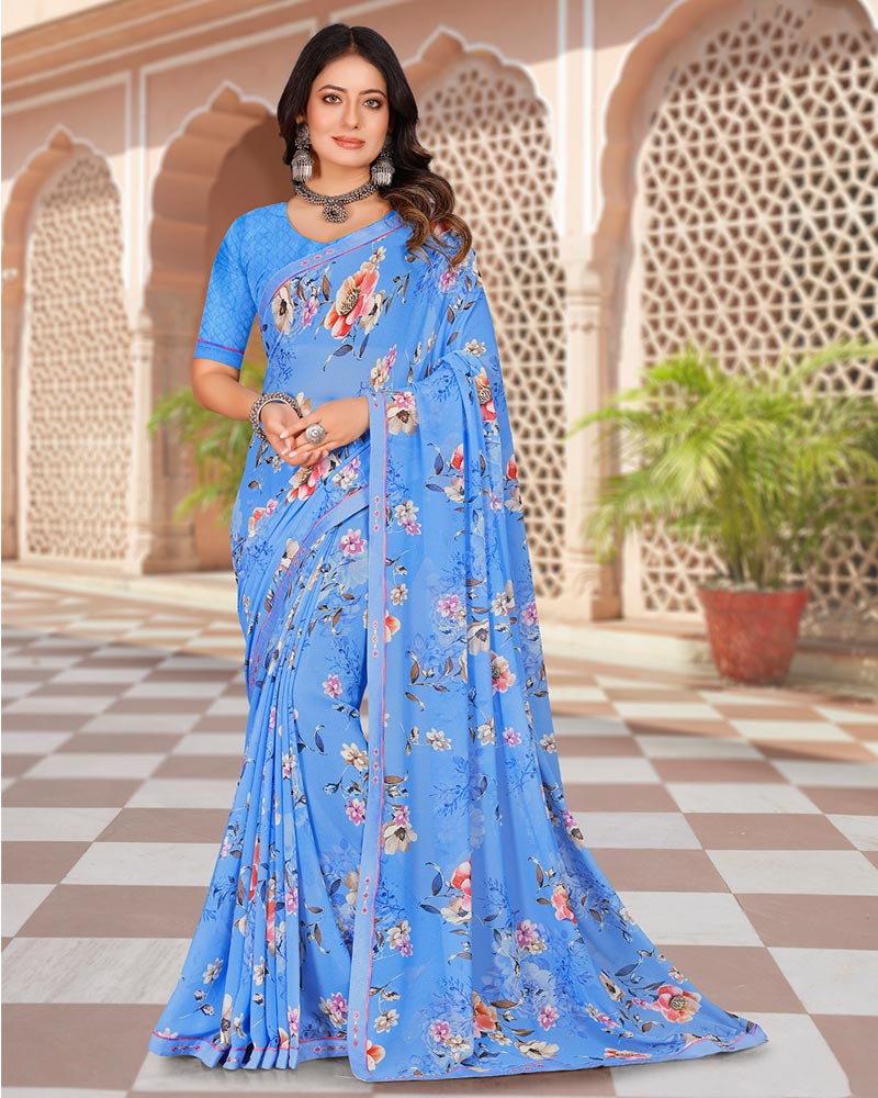 Vishal Prints Crystal Blue Digital Print Georgette Saree With Fancy Border