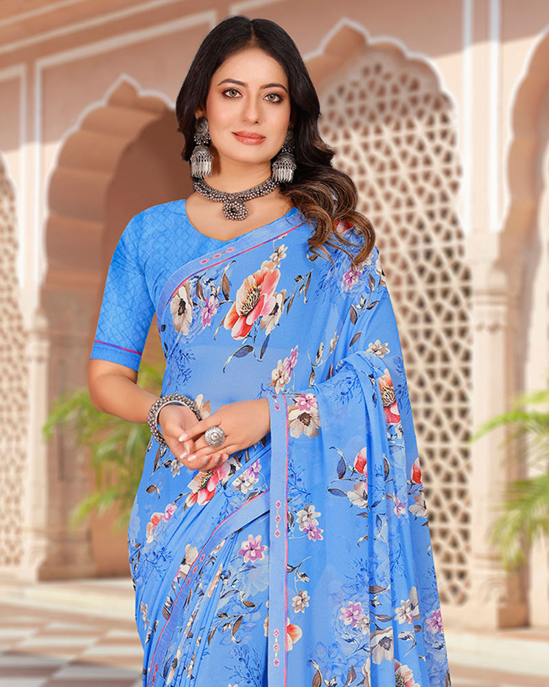 Vishal Prints Crystal Blue Digital Print Georgette Saree With Fancy Border