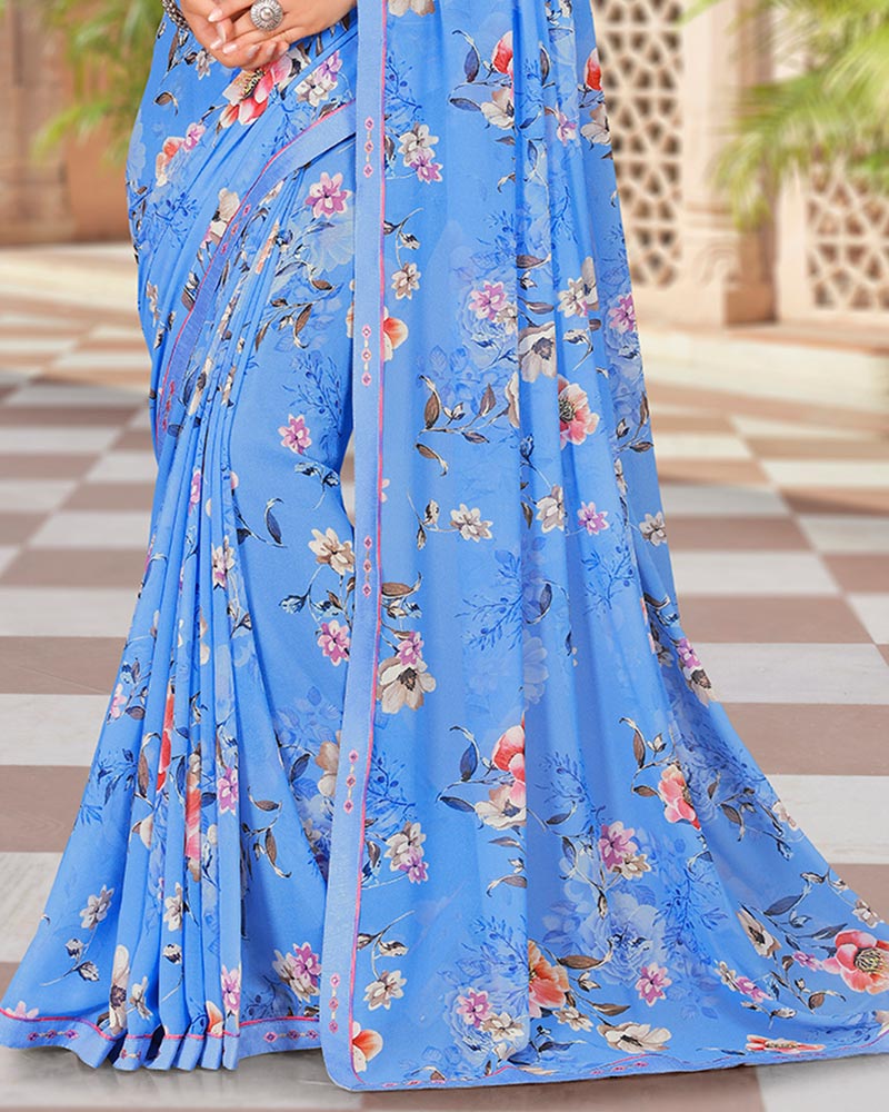 Vishal Prints Crystal Blue Digital Print Georgette Saree With Fancy Border