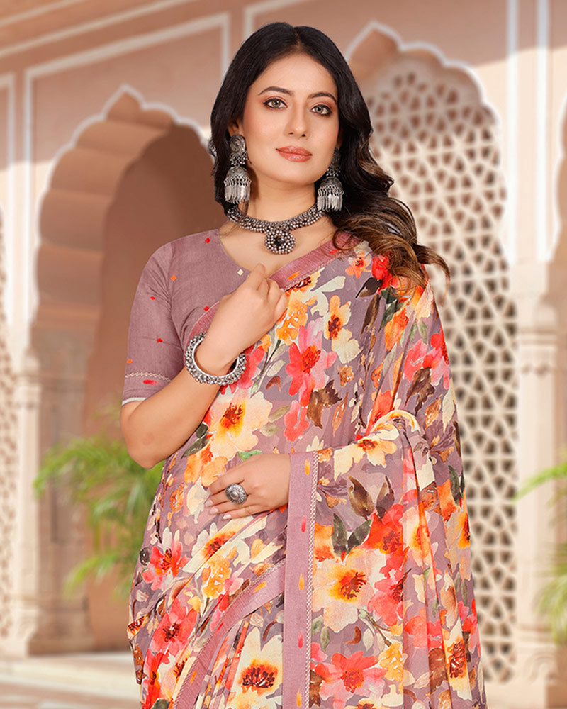 Vishal Prints Faded Pink Digital Print Georgette Saree With Fancy Border