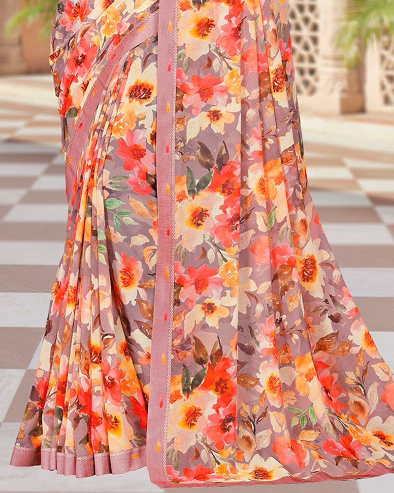 Vishal Prints Faded Pink Digital Print Georgette Saree With Fancy Border