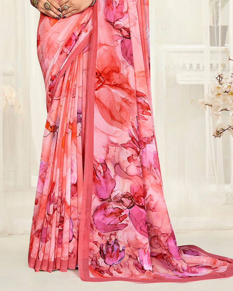 Vishal Prints Light Coral Pink Digital Printed Georgette Saree