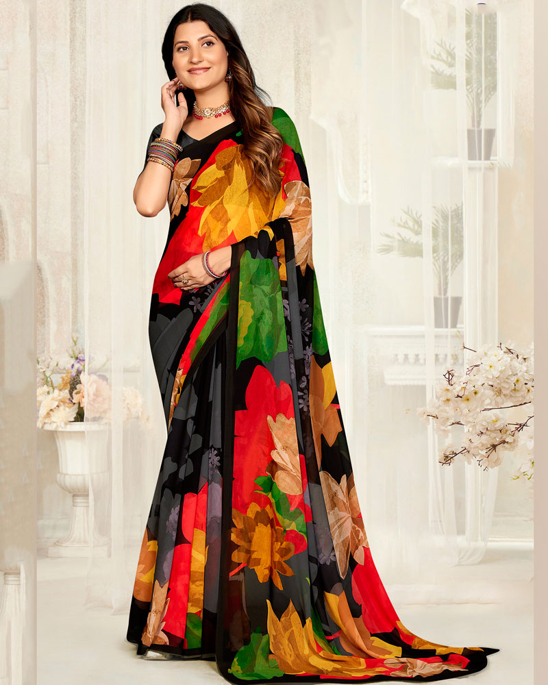 Vishal Prints Midnight Black Digital Printed Georgette Saree