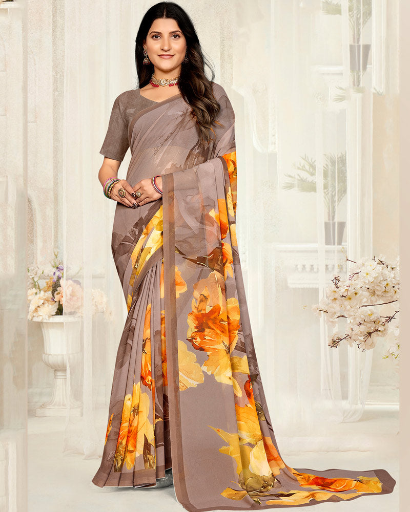 Vishal Prints Greyish Brown Digital Printed Georgette Saree
