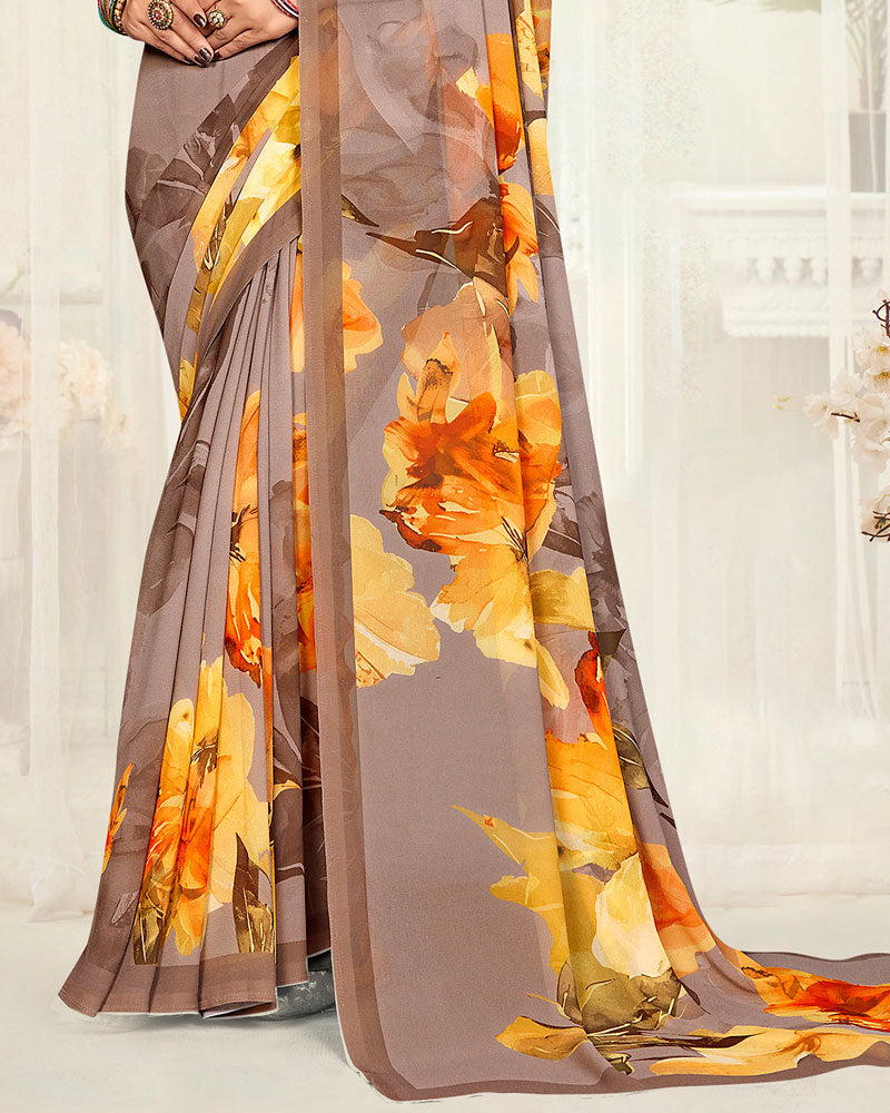 Vishal Prints Greyish Brown Digital Printed Georgette Saree