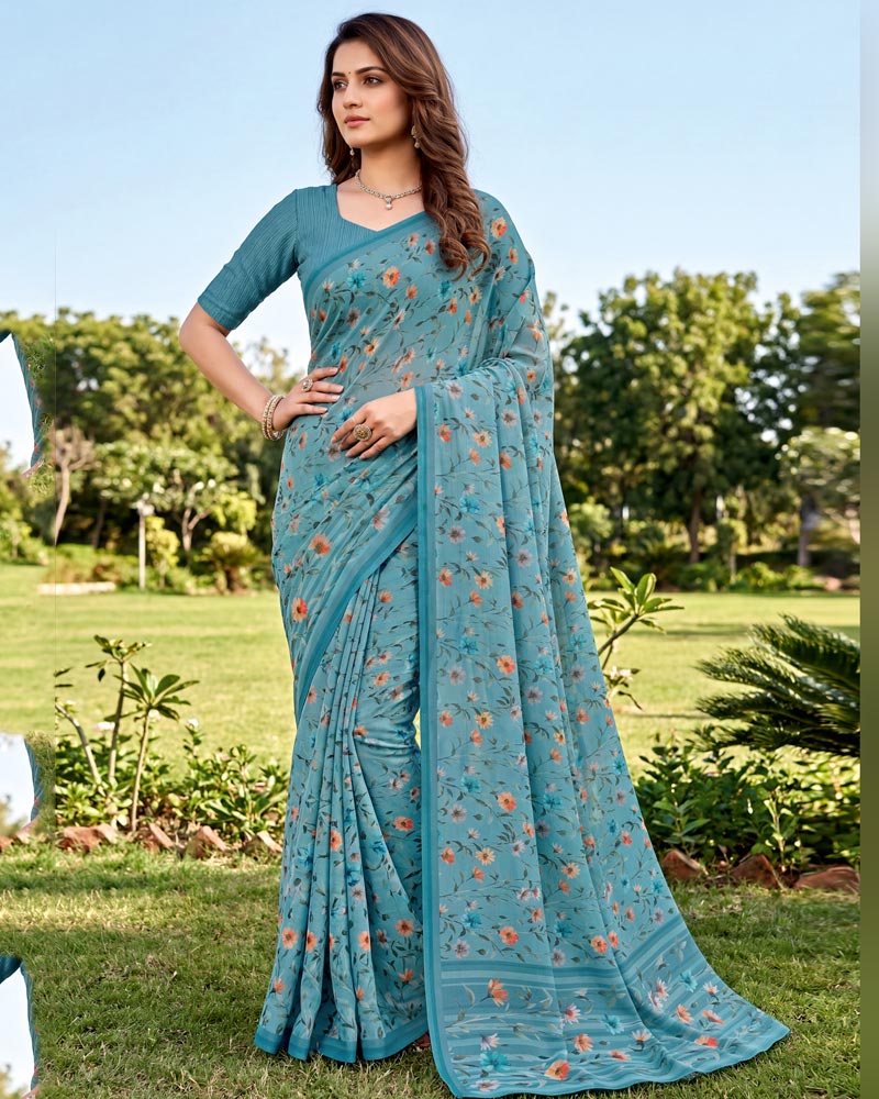 Vishal Prints Greyish Teal Digital Print Georgette Saree