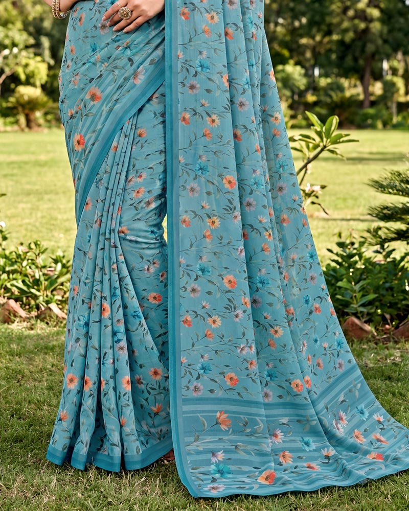 Vishal Prints Greyish Teal Digital Print Georgette Saree