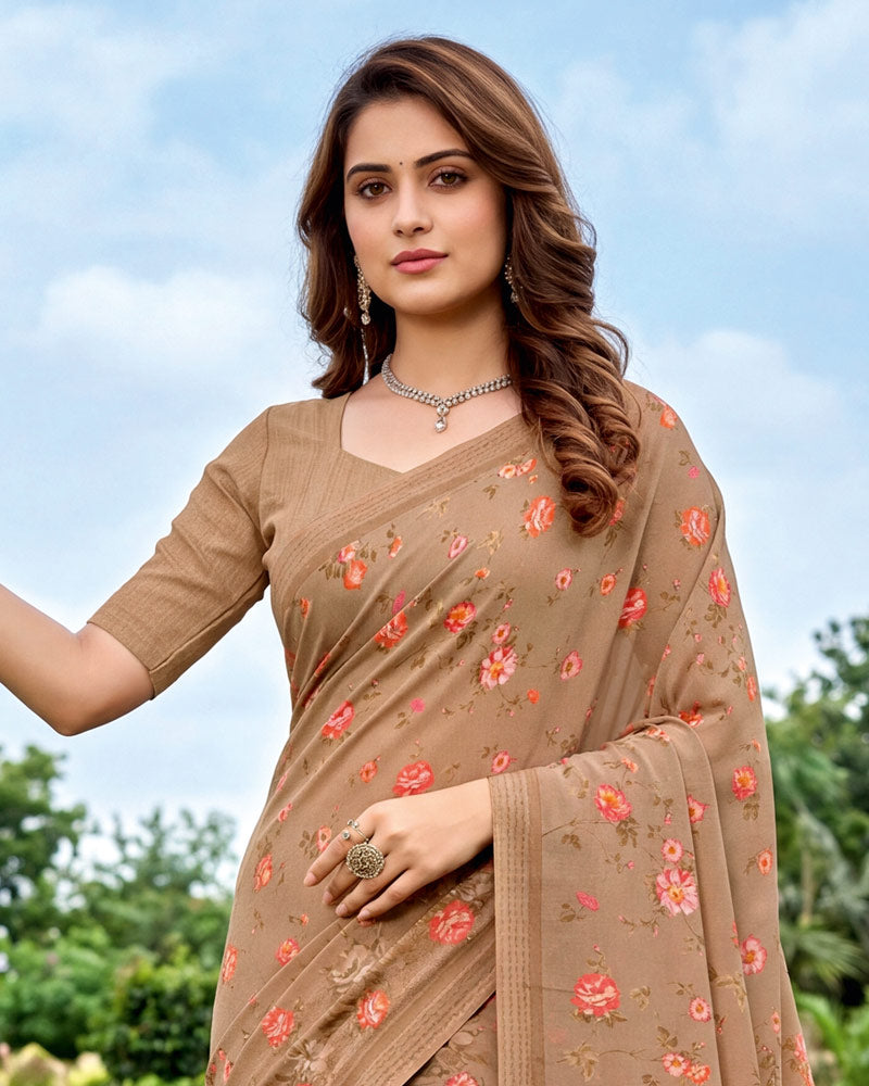 Vishal Prints Dusty Brown Digital Print Georgette Saree
