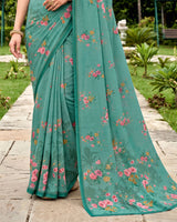 Vishal Prints Turquoise Green Digital Print Georgette Saree