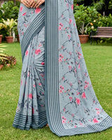 Vishal Prints Light Grey Digital Print Georgette Saree